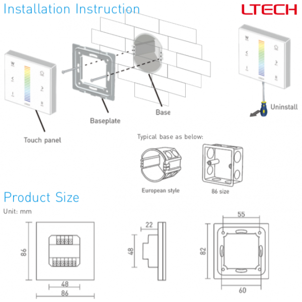 RF2.4GHz RGBW Touch Panel, PWM Power O/P, RGBW Dim, 12/24Vdc, 288W 12A, Single/Multi Zone Support. E4  LTECH Touch Panel